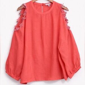 Eri & Ali | Jemima 100% Linen Coral Balloon Sleeve Cold Shoulder Floral Top S